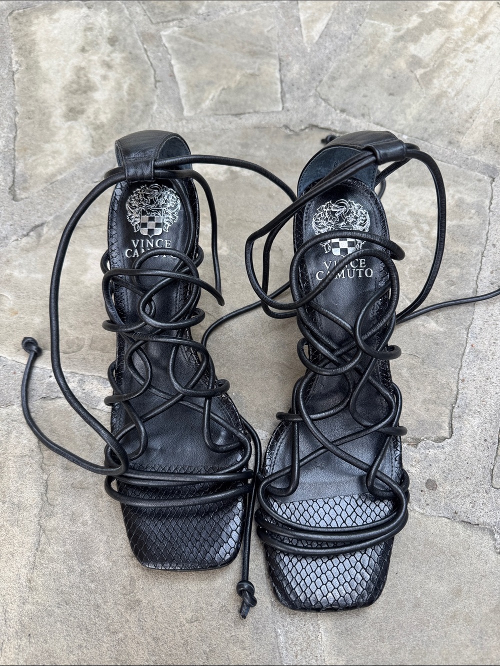 Vince Camuto Black Lace-Up Snakeskin-Texture Heels